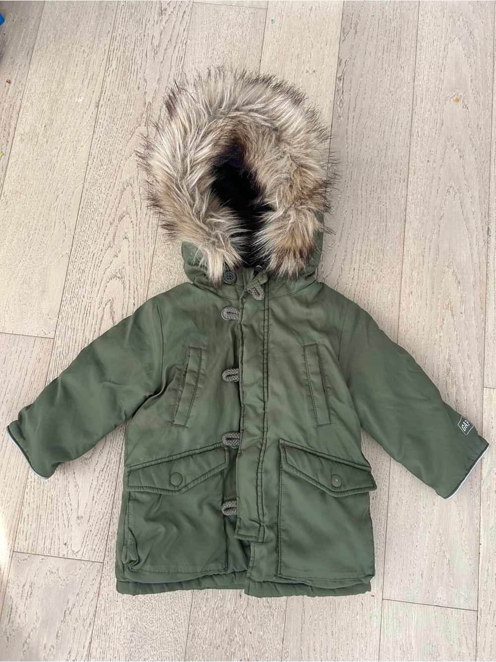 GAP Kids Olive Green Hooded Puffer Jacket with Faux Fur Trim